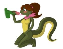 anthro blush cute drooling female furry kneeling long_tail masturbation mona_lisa_(tmnt) penis precum reptile saliva scalie teenage_mutant_ninja_turtles the_little_monkey_king