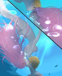 1boy1girl air_bubbles blonde_hair kissing marima666_(artist) nipples pink_hair underwater