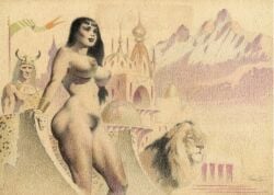 ancient cityscape dark_hair frank_frazetta light-skinned_female nude nude_female painting_(artwork) queen