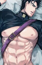 1boy black_hair diamond_is_unbreakable dilf jojo's_bizarre_adventure jotaro_kujo looking_at_viewer male male_nipples male_only muscular_male solo