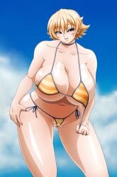 bikini breasts female highres huge_breasts igawa_sakura looking_at_viewer navel orange_hair short_hair solo swimsuit taimanin_(series) taimanin_asagi wrato