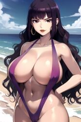 1girls ai_generated alternate_costume alternate_hairstyle areola_slip areolae bangs bare_shoulders beach big_breasts breasts cameltoe cleavage clothing cloud collarbone curvy earrings eyelashes female female_focus female_only hand_on_hip highres hips hoop_earrings huge_breasts human jewelry large_breasts lips lipstick long_hair looking_at_viewer makeup nai_diffusion navel nipple_bulge nipples nipples_visible_through_clothing ocean one-piece_swimsuit outside pinup pixai please_don't_bully_me,_nagatoro president_(nagatoro) purple_hair red_eyes red_lipstick revealing_clothes sana_sunomiya sand self_upload shiny_skin sideboob skimpy sling_bikini smile solo solo_female swimsuit voluptuous water wavy_hair wide_hips zappatrappa_ai