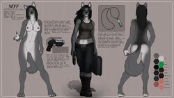 anthro ass black_hair breasts canine clothing female furry green_eyes hair looking_at_viewer necklace nipples nude open_mouth pawpads pussy ranged_weapon seff slowfag weapon wolf