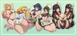 6+girls 6girls absurdres adapted_costume ass ass_focus asymmetrical_docking barefoot bikini black_bikini black_hair blonde_hair blue_eyes blue_hair blush book breast_awe breast_press breast_rest breasts brown_eyes brown_hair cape choker cleavage commentary cropped_legs crossover crown ear_piercing earrings english_commentary feet female female_only glasses gloves green_background green_cape grin guildmarm_(monster_hunter) hat highres hinata_aki hinoa holding holding_book huge_ass jewelry keroro_gunsou kitagawa_marin kneeling large_breasts legs leotard lipstick long_hair looking_at_breasts looking_at_viewer makeup mario_(series) mario_kart mature_female minoto monster_hunter monster_hunter_(series) monster_hunter_4 monster_hunter_rise multiple_girls nail_polish navel open_book open_mouth piercing pointy_ears ponytail princess_peach puffy_sleeves race_queen red_eyes rizdraws semi-rimless_eyewear siblings sidelocks simple_background smile sono_bisque_doll_wa_koi_wo_suru swimsuit thick_thighs thighs toenail_polish toenails toes twins under-rim_eyewear v