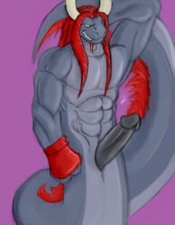 1boy anthro baddemona coiled color deviousnaga dreadlocks erection fur furry hair horn male male_only muscles muscular naga penis red_gloves red_hair reptile scalie sketch solo