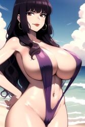 1girls ai_generated alternate_costume alternate_hairstyle bangs bare_shoulders beach big_breasts breasts cameltoe cleavage clothing cloud collarbone curvy earrings eyelashes female female_focus female_only hand_on_hip highres hips hoop_earrings huge_breasts human jewelry large_breasts lips lipstick long_hair makeup nai_diffusion navel ocean one-piece_swimsuit outside pinup pixai please_don't_bully_me,_nagatoro president_(nagatoro) purple_hair red_eyes red_lipstick revealing_clothes sana_sunomiya sand self_upload shiny_skin sideboob skimpy sling_bikini smile solo solo_female swimsuit thighs voluptuous water wavy_hair wide_hips zappatrappa_ai