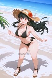 1girls ai_generated beach bikini black_bikini black_hair black_swimsuit female female_only hat nai_diffusion red_eyes solo spy_x_family stable_diffusion sun_hat swimsuit tagme yor_briar