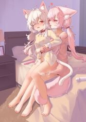 2girls absurdres ahoge animal_ear_fluff animal_ears ass barefoot bed bed_sheet bedroom belt_collar blush bottomless breasts cat_ears cat_girl cat_tail collar collared_shirt commentary_request crossed_bangs dildo drool drooling egg_vibrator extra_ears feet fingering fox_ears fox_girl fox_tail full_body hair_between_eyes hair_intakes hair_tie hand_on_another's_crotch heart highres hitachi_magic_wand hug hug_from_behind indoors karv legs licking licking_ear long_hair long_sleeves looking_at_another mouth_drool multiple_girls naked_shirt nightstand nose_blush oerba_yun_fang off_shoulder on_bed one_eye_closed open_mouth original pillow pink_hair pink_shirt pussy_juice red_collar red_eyes remote_control_vibrator saliva saliva_trail sex_toy shirt sidelocks sitting sitting_on_lap sitting_on_person skin_fang slit_pupils small_breasts spread_toes steam tail tail_around_another's_leg tail_wrap tears thighs toes tongue tongue_out twintails twitching vaginal_penetration vibrator vibrator_cord wavy_mouth white_hair yellow_shirt yuri
