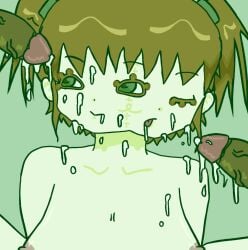 1girl 1girls 1woman 2_heads 2_mouths 2_penises 3_eyes big_breasts black_penis brown_eyelashes brown_hair closed_mouth colored_eyelashes cum_dripping_from_mouth cum_dripping_from_penis cum_on_face green_background green_eyes ibispaintx ikigusare mouth_closed mutant mutation one_eye_closed pale-skinned_female pale_skin pigtails sangou self_upload simple_background tongue_out twintails_(hairstyle) vacuumlvr69 winking