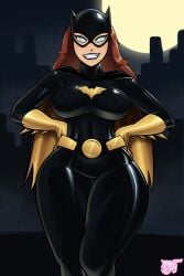 1girls 2023 aqua_eyes barbara_gordon batgirl batman:_the_animated_series batman_(series) bodysuit brown_hair costume dc dc_comics female female_only hands_on_hips hi_res long_hair looking_at_viewer mask rabbitslides smiling smiling_at_viewer solo superheroine teeth_showing thick_thighs wide_hips