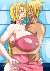 areolae blonde_hair blue_eyes breasts erect_nipples fire_tiger hair lactation large_breasts penis pointy_chin precum wide_hips