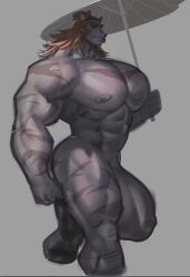 2024 abs anthro areola asian_clothing big_bulge big_pecs biped boosterpang bulge clothing east_asian_clothing felid feline hair hi_res homura_(character) huge_bulge huge_pecs japanese_clothing lion long_hair looking_at_viewer male male_only mammal multicolored_body muscular muscular_anthro muscular_male nipples nude pantherine pecs simple_background solo text umbrella unfinished