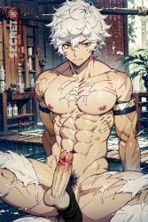 1boy 1male abs ai_generated balls cum cum_on_body cum_on_penis cum_on_self cum_on_upper_body gabimaru gay indoor indoors jigokuraku male_only muscle muscles muscular muscular_male nipples nude nude_male nudity pecs pectorals penis pubic_hair sitting solo tagme testicles white_hair yaoi