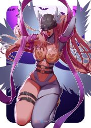 1girls 2023 angel angel_wings angewomon arm_behind_head blonde_hair digimon digimon_(species) female female_only helmet inhoso kneeling long_hair open_mouth solo thick_thighs tongue_out wings