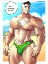 1boy bara bara_tiddies bara_tits beach big_arms big_pecs black_hair blue_sky buff bulge busty chest_hair color colored daddy dialogue dilf engagement_ring english english_dialogue english_text erect_nipples erect_penis erection erection_under_speedo facial_hair flirting flirting_with_viewer gay goatee green_eyes green_speedo green_underwear hairy hairy_chest hairy_male happy_trail hi_res highres huge_cock huge_pecs human human_only light-skinned_male light_skin looking_at_viewer lupin_barnabi male male_chest male_nipples male_only manboobs manly married married_man mature mature_male moobs muscle muscles muscular muscular_arms muscular_male muscular_thighs nipples oc old_man older_male original original_character outdoors outside pecs pectorals penis penis_peek penis_under_speedo pointy_teeth pov pov_eye_contact precum precum_drip precum_dripping pubes pubic_hair richter_(rumpletumple1) ring rumpletumple1 silver_fox solo solo_focus solo_male speedo speedo_only standing talking_to_viewer text thick_eyebrows thick_penis thick_thighs veiny_arms veiny_muscles white_hair wink wwinking_at_viewer