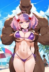 1boy 1boy1girl 1girls ai_generated beach beach_background bell_choker big_breasts bikini bikini_bottom bikini_top dark-skinned_male demon_girl demon_horns faceless_male front_view geosan grabbing_breasts hair hair_ornament human ironmouse light-skinned_female long_hair muscular_male penis pink_hair pink_nipples public purple_eyes purple_hair virtual_youtuber vshojo