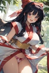 1girls ai_generated ainu_clothes big_breasts black_hair breasts busty cleavage clothes_lift female female_only grey_eyes hair_ribbon hi_res king_of_fighters large_breasts legs lifted_by_self long_hair nakoruru open_mouth panties pants presenting presenting_panties samurai_shodown smile snk solo thighs voluptuous