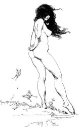 dark_hair eyes_covered frank_frazetta light-skinned_female looking_at_viewer nude_female sketch smirk