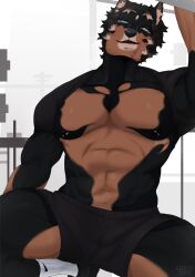 1boy abs anthro canine domestic_dog grey_eyes hi_res looking_at_viewer male male_only muscular muscular_male nadacheruulewd narrowed_eyes nipple_piercing sitting smiling smiling_at_viewer solo underwear underwear_only