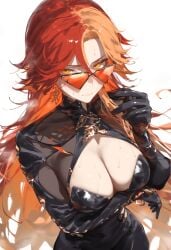 ai_generated big_breasts breasts female female_only genshin_impact long_hair looking_over_eyewear looking_over_glasses looking_over_sunglasses mavuika_(genshin_impact) orange-tinted_eyewear red_hair simple_background solo solo_female solo_focus sunglasses tinted_eyewear