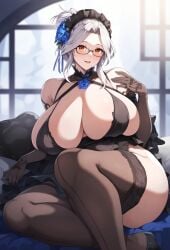 ai_due ai_generated bikini bra garter_belt gigantic_breasts glasses hair_bun huge_breasts labiata_prototype_(last_origin) last_origin light-skinned_female light_skin looking_at_viewer massive_breasts mature_female milf orange_eyes smiling solo_female stockings thick_body thick_female voluptuous voluptuous_female white_hair