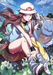 aged_up blastoise blue_body brown_hair cloud clouds cloudscape detailed_background flower_petals flowers grass hand_bag human human_female human_only leaf_(pokemon) light-skinned_female light_skin long_hair not_porn pink_petals pokemon pokemon_(species) pokemon_trainer ryairyai sfw shorts sitting sitting_on_ground skirt smile stockings turtle unknown_source wristband