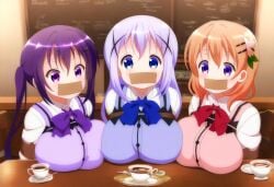 3girls ai_generated arms_tied_behind_back blue_eyes blue_hair bondage gag gagged garbage gochuumon_wa_usagi_desu_ka? hoto_cocoa kafuu_chino large_breasts looking_at_viewer orange_hair purple_eyes purple_hair tape_gag tedeza_rize