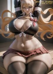 ai_generated arms_up ass_bigger_than_head big_ass big_breasts blonde_hair breasts_bigger_than_head cleavage crop_top curvaceous curvy curvy_figure danganronpa female hourglass_figure huge_areolae huge_ass huge_breasts huge_thighs human junko_enoshima large_breasts miniskirt octo_iruma sitting size_difference skirt solo tall tall_female thick_thighs venus_body voluptuous wide_hips