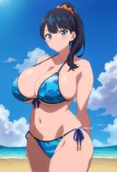 adult_swim ai_generated arisato_yu bare_legs beach big_breasts bikini bikini_top black_hair blue_eyes curvaceous curvy_female huge_breasts huge_thighs large_breasts light-skinned_female light_skin looking_at_viewer ponytail smiling solo_female ssss.gridman takarada_rikka thick_body thick_female thick_thighs thighs thighs_bigger_than_head toonami very_long_hair voluptuous voluptuous_female