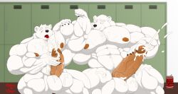 2020 anthro bear big_muscles bodily_fluids centaurus duo ejaculation group_masturbation hi_res huge_muscles hyper hyper_muscles locker_room male male/male mammal masturbation muscular penile penile_masturbation sweat