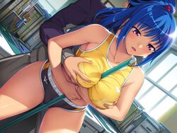 1boy 1girls asakura_sakura bare_shoulders between_breasts blue_hair blush breast_grab breasts buruma female game_cg gym_uniform highres large_breasts legs long_hair looking_down nana_g object_between_breasts open_mouth ponytail purple_eyes sex_teacher_tsuyoshi standing straight table thighs tied_hair uncensored window