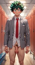 1boy ai_generated balls boku_no_hero_academia bush deku foreskin gay gym gym_clothes gym_uniform hairy izuku_midoriya large_balls large_penis male male_focus male_only my_hero_academia naked nude nude_male pubes pubic_hair school_uniform solo sweaty sweaty_body