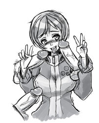 1girls 3boys blush breasts cheek_poke double_v erect_nipples female greyface large_breasts male monochrome multiple_males penis persona persona_4 satonaka_chie short_hair sketch solo_focus tongue tongue_out track_jacket v