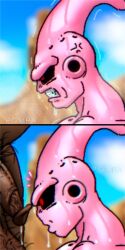 alien before_sex big_penis black_body cock dark-skinned_male dark_penis dark_skin dragon_ball dragon_ball_z drooling gay kid_buu majin_buu penis pink_body pubic_hair sweat testicles