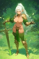 1futa ai_generated blunt_bangs chains elf forest full_body futa_only futanari gloves gold_jewelry greaves green_eyes headband large_breasts long_hair mostly_nude nai_diffusion novelai pauldrons penis_under_loincloth ponytail smile stable_diffusion sword two_handed_weapon white_hair