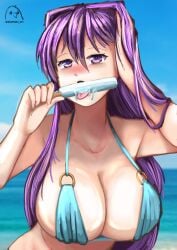 bluekapo breasts doki_doki_literature_club female female_only looking_at_viewer open_mouth purple_eyes purple_hair solo swimsuit yuri_(doki_doki_literature_club)