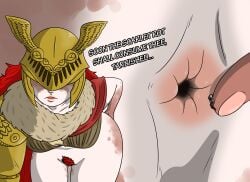anal_vore asshole bending_over covered_eyes elden_ring fingering giantess hairy_pussy helmet knight long_hair malenia_blade_of_miquella nikonoir pale_skin red_hair shrinking spreading_ass vore