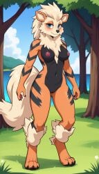 1girls 2024 ai_generated anthro arcanine ass_visible_through_thighs bedroom_eyes big_hips black_fur blue_eyes blushing breasts canine curvy_female curvy_figure digitigrade female female_only generation_1_pokemon hi_res innie_pussy looking_at_viewer milf nintendo nude nude_female orange_fur outdoors pokemon pokemon_(species) pussy seaside smile stripes taller_girl thick_thighs yodayo