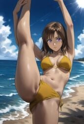 ai_generated beach brown_hair cowboy_shot female initial_d kyoko_iwase leg_hold leg_lift medium_breasts medium_hair ocean purple_eyes solo standing_on_one_leg standing_split sunshine yellow_bikini