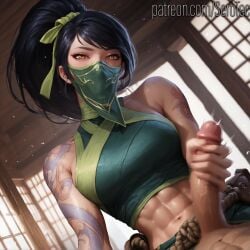 1female 1girls 2d abs ai_generated akali athletic athletic_female black_hair detailed_female face_mask female fit fit_female girl handjob hi_res high_resolution highres league_of_legends mask masked masked_female motion_lines muscular muscular_female pony_diffusion_xltasy ponytail pov serotec speed_lines