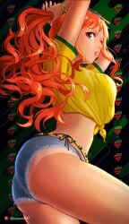 brazilian_miku_(cosplay) female female_only long_hair nami nami_(one_piece) one_piece orange_hair oregano551 posing shorts tan_skin tied_shirt