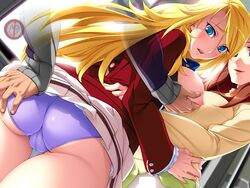 2girls areolae asakura_sakura ass ass_grab blonde_hair blue_eyes blush breast_grab breasts breasts_out brown_hair cameltoe dutch_angle game_cg highres large_breasts legs long_hair looking_back multiple_girls nana_g nipples no_bra open_clothes open_shirt panties school_uniform sex_teacher_tsuyoshi shirt skirt smile standing thighs underwear