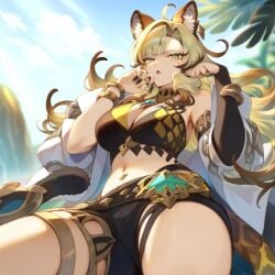 ai_generated ass big_breasts breasts cat_ears cat_girl cat_humanoid cat_tail catgirl feline female female_only first_porn_of_character genshin_impact long_hair solo solo_female thick_ass thick_thighs thighs xilonen_(genshin_impact) yellow_hair