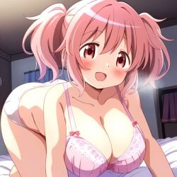 ai_generated bedroom big_breasts big_breasts breasts breasts hair_ribbon lingerie looking_at_viewer madoka_kaname magical_girl mahou_shoujo_madoka_magica on_all_fours on_bed pink_eyes pink_hair puella_magi_madoka_magica red_ribbon ribbon ribbons seductive_look seductive_smile solo solo_female twintails