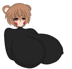 bear_ears big_breasts black_nose blue_eyes blush breasts brown_nipples clothed clothing cwacky3 erect_nipples erection female five_nights_at_freddy&#039;s five_nights_in_anime fnaf fnia freddy_(fnaf) freddy_(fnia) latex latex_breasts latex_suit nipples nipples_visible_through_clothing png red_cheeks solo transparent_background