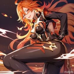 ai_generated ass big_ass big_breasts breasts female female_only genshin_impact long_hair mavuika_(genshin_impact) orange-tinted_eyewear red_hair solo solo_female sunglasses thick_thighs thighs tinted_eyewear