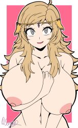 1girls ahoge arm_between_breasts bare_midriff between_breasts blonde_hair breasts collarbone commission completely_nude female female_only fire_emblem fire_emblem_fates grey_eyes huge_breasts long_hair looking_at_viewer midriff nintendo nipples nude nude_female open_mouth ophelia_(fire_emblem) pink_background senak012 simple_background smile solo upper_body white_border yellow_hair