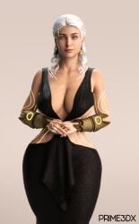 3d armwear assassin's_creed_odyssey big_breasts big_hips black_dress cleavage earrings glowing_tattoo goddess hekate prime3dx smile white_eyes white_hair