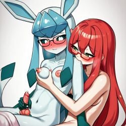 1futa ai_generated biting breasts cum embarrassed female femboy futa gentle_femdom glaceon glasses ruined_orgasm small_penis stroking_penis submissive submissive_male