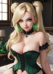 ai_generated bed bedroom blonde_hair blush buns choker cleavage corset earrings green_eyes large_breasts milf smirk